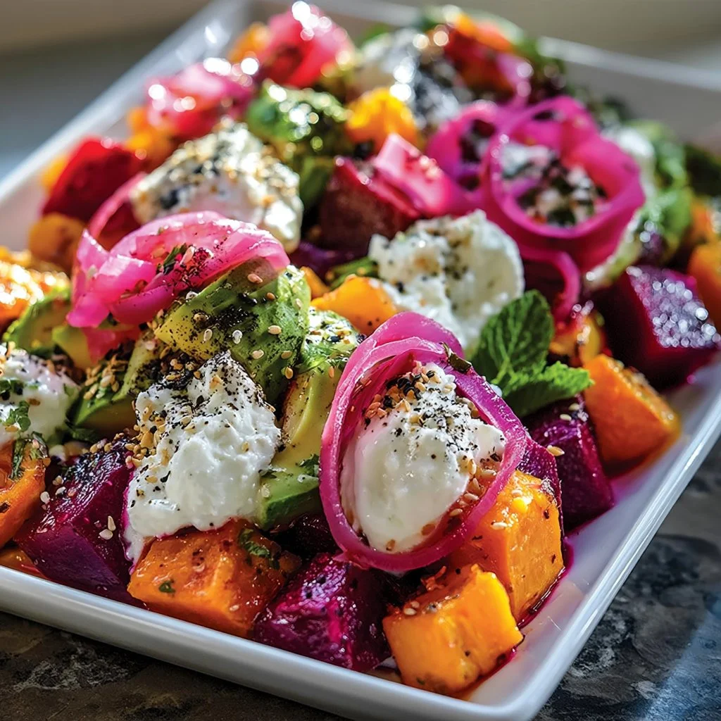 Roasted beet salad with sweet potatoes and avocado on a rustic table.