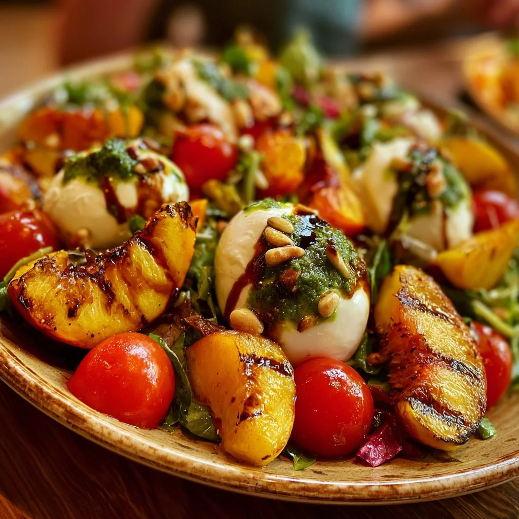 Roasted Peach Salad with Burrata cheese, fresh basil pesto, and vibrant greens