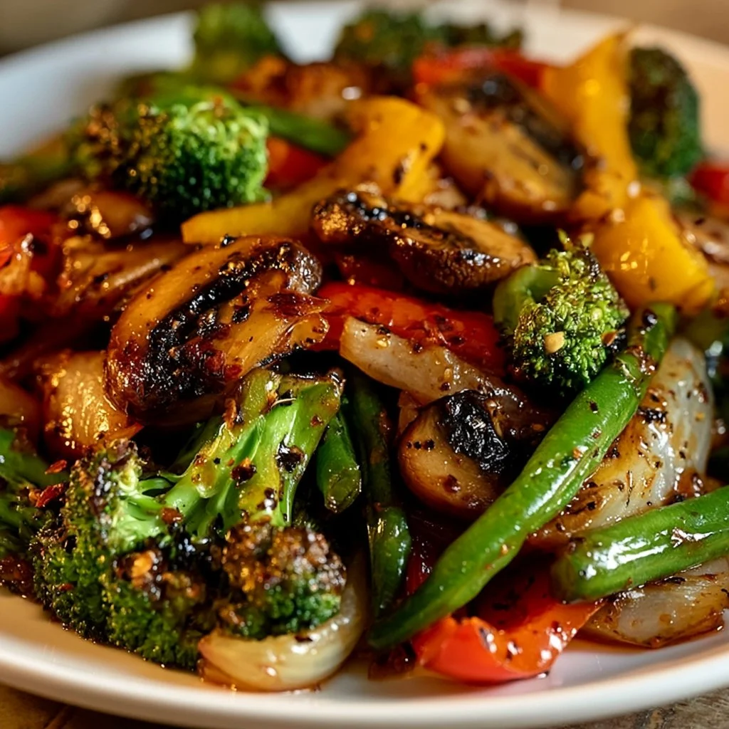 Colorful plate of sautéed vegetables with garlic and herbs