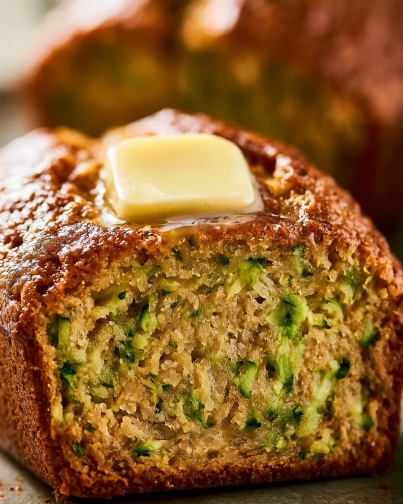Savory zucchini bread fresh out of the oven, topped with herbs and spices.