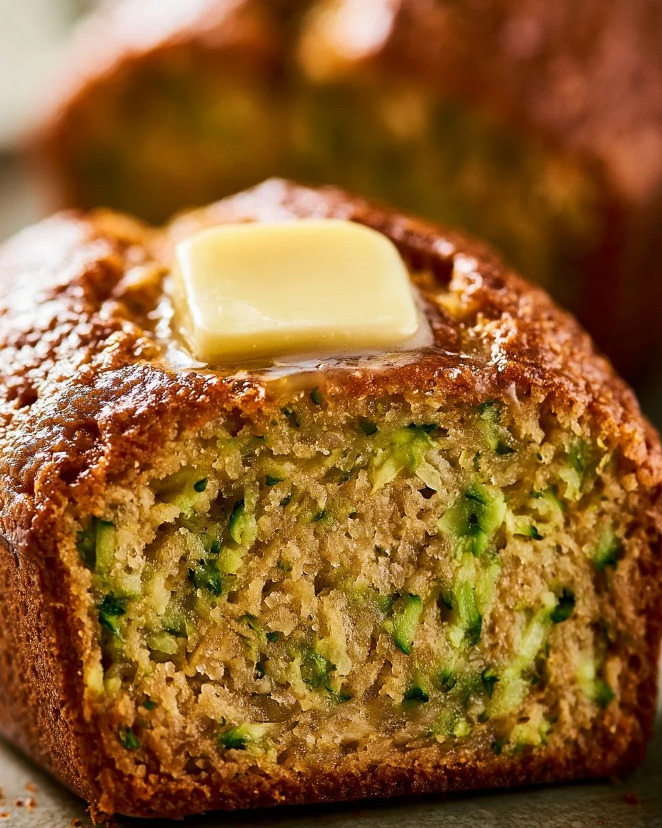 Savory zucchini bread fresh out of the oven, topped with herbs and spices.
