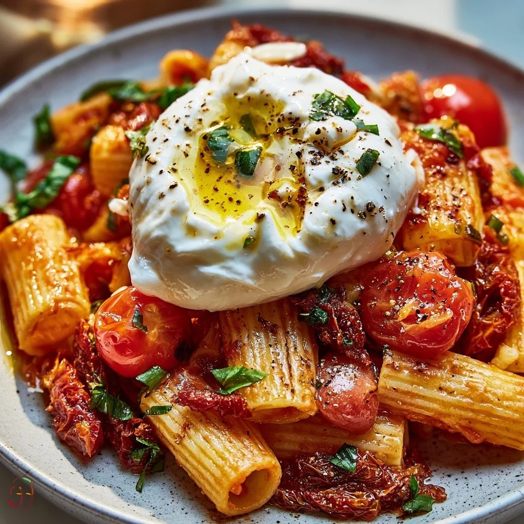 Silky red pepper and sun-dried tomato pasta served with burrata cheese.