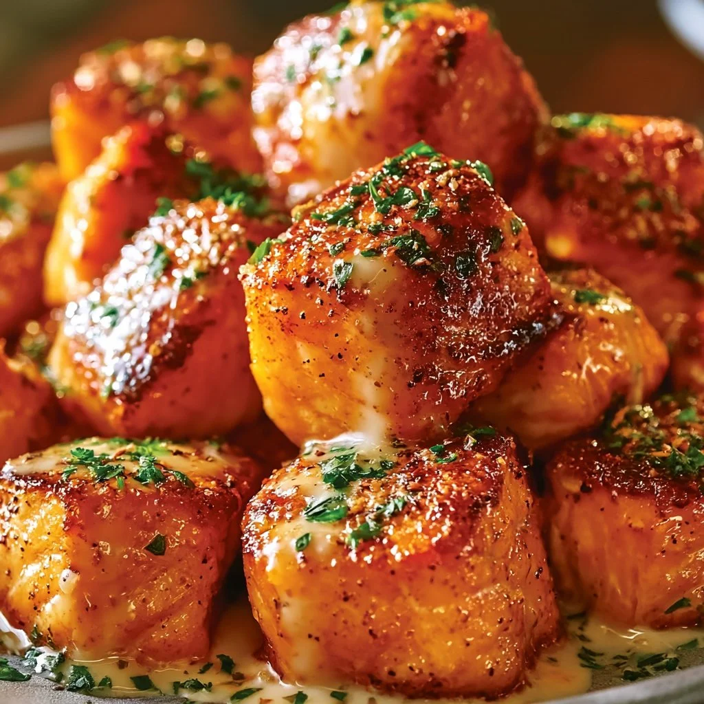 Spicy salmon bites served with bang bang sauce on a plate
