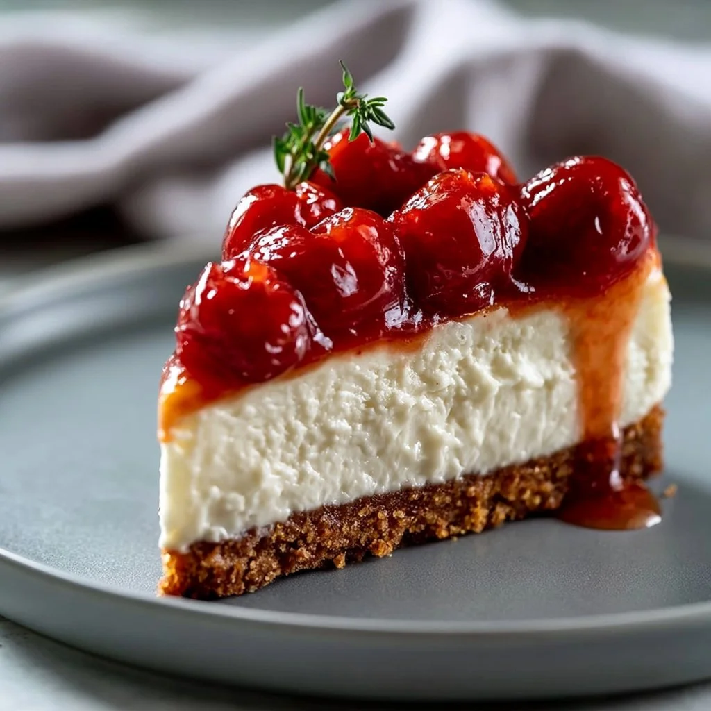 Savory cheesecake with tomato jam on top, a delicious gourmet dish.