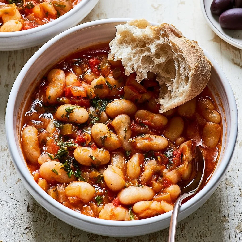 Traditional Greek Fasolada white bean soup served in a bowl with herbs.