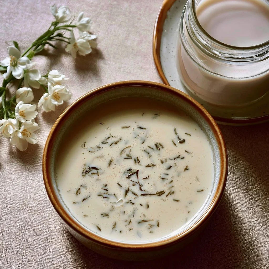 Homemade Vanilla Jasmine Milk Tea in a cup with jasmine flowers and vanilla pods