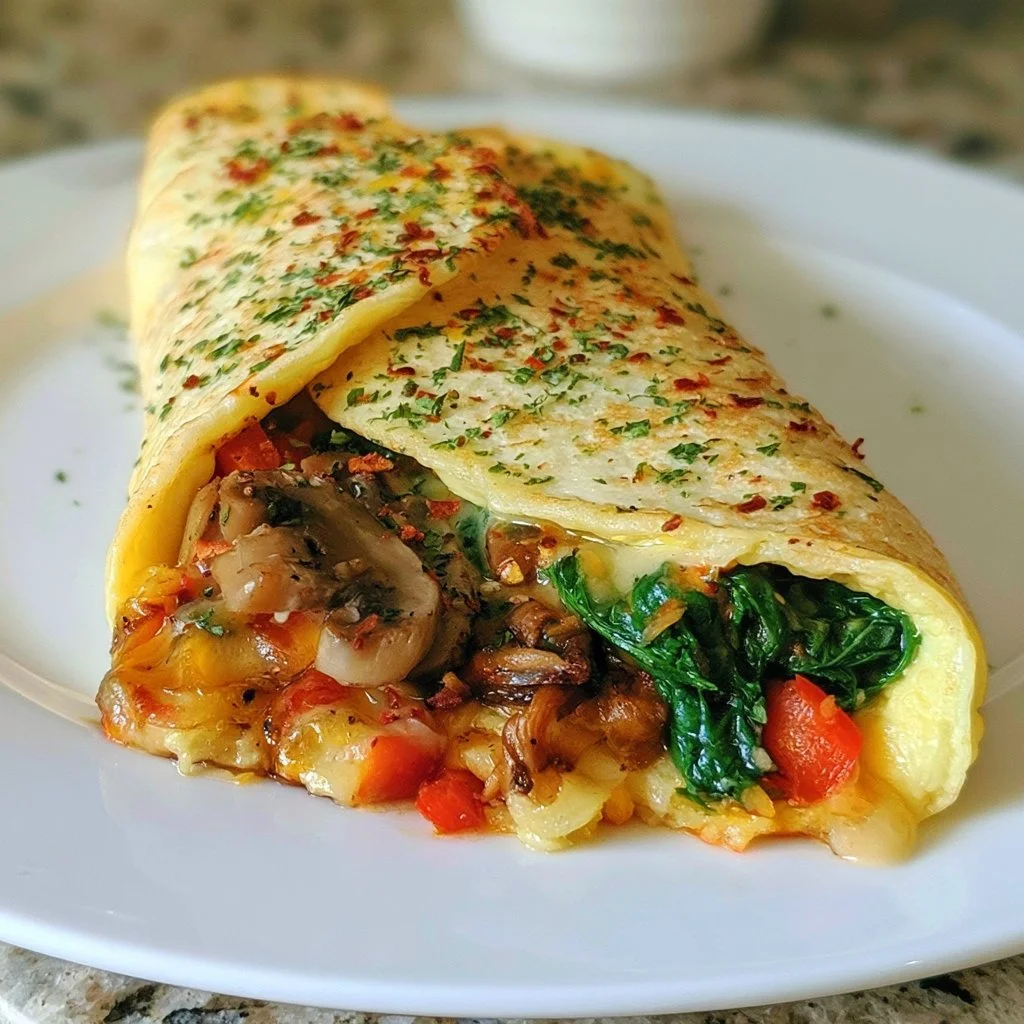 Delicious vegetable stuffed omelette on a plate garnished with herbs.