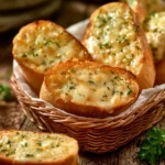 Delicious cheesy garlic bread sliced and ready to serve