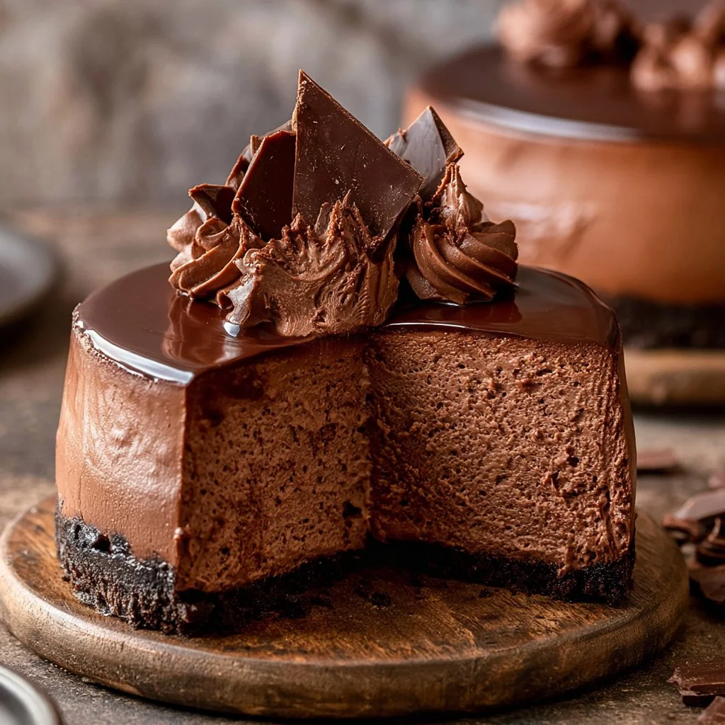 Delicious slice of Chocolate No-Bake Cheesecake topped with chocolate shavings