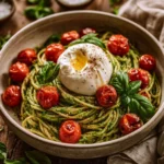 Creamy pesto chicken pasta with fresh basil and grilled chicken
