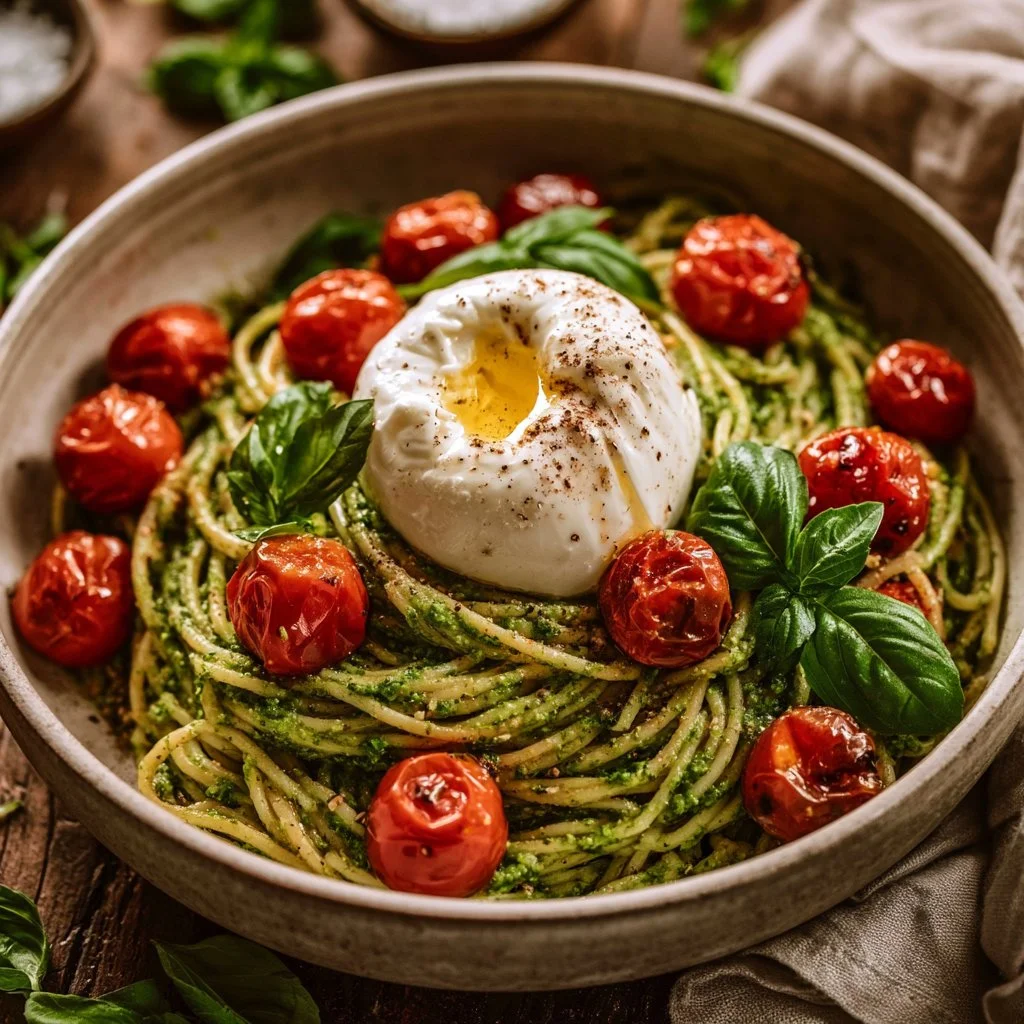 Creamy pesto chicken pasta with fresh basil and grilled chicken
