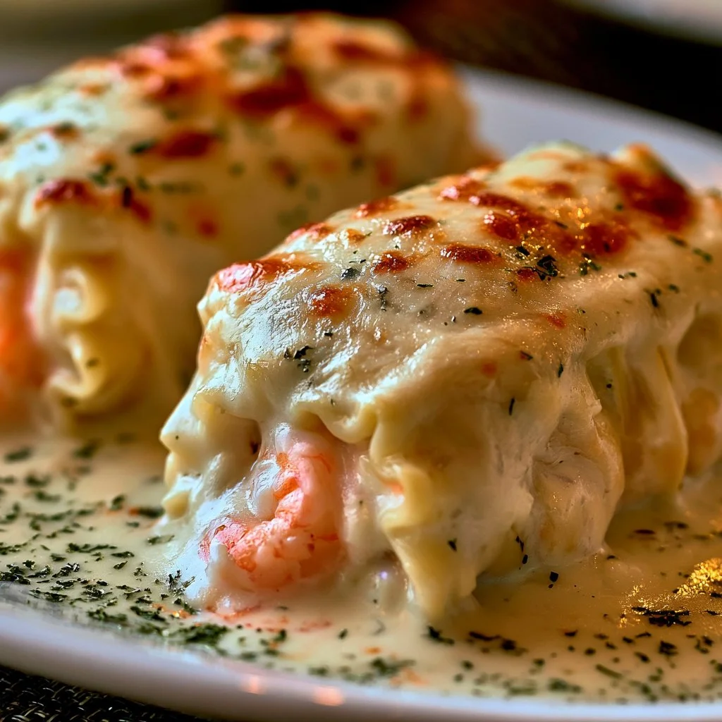 Delicious creamy shrimp enchiladas served on a plate with toppings.
