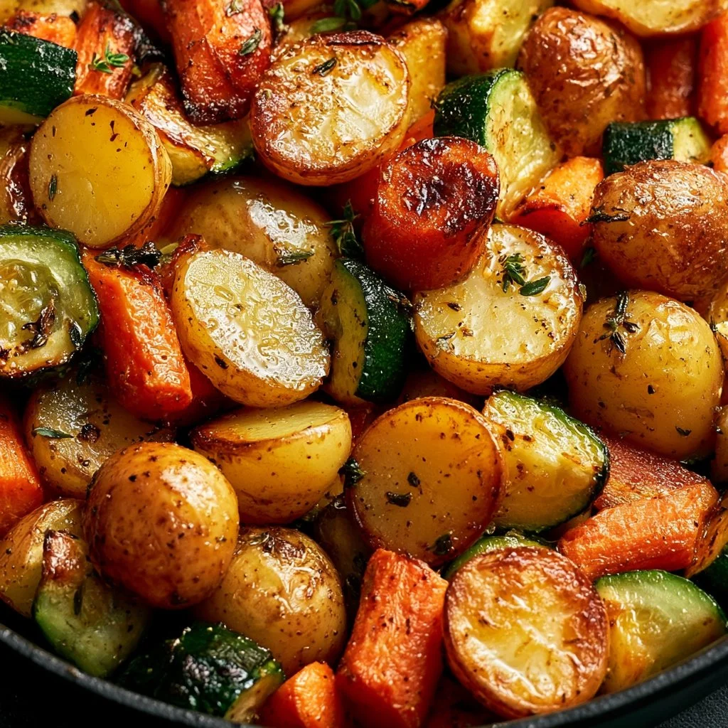 Colorful plate of delicious roasted vegetables including carrots, bell peppers, and zucchini.
