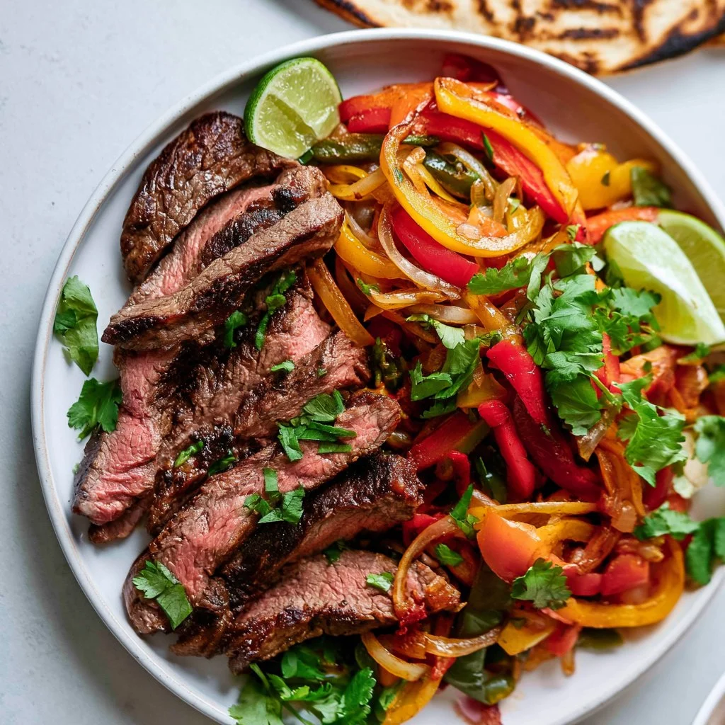 Delicious easy spicy beef fajitas served with colorful bell peppers and tortillas.