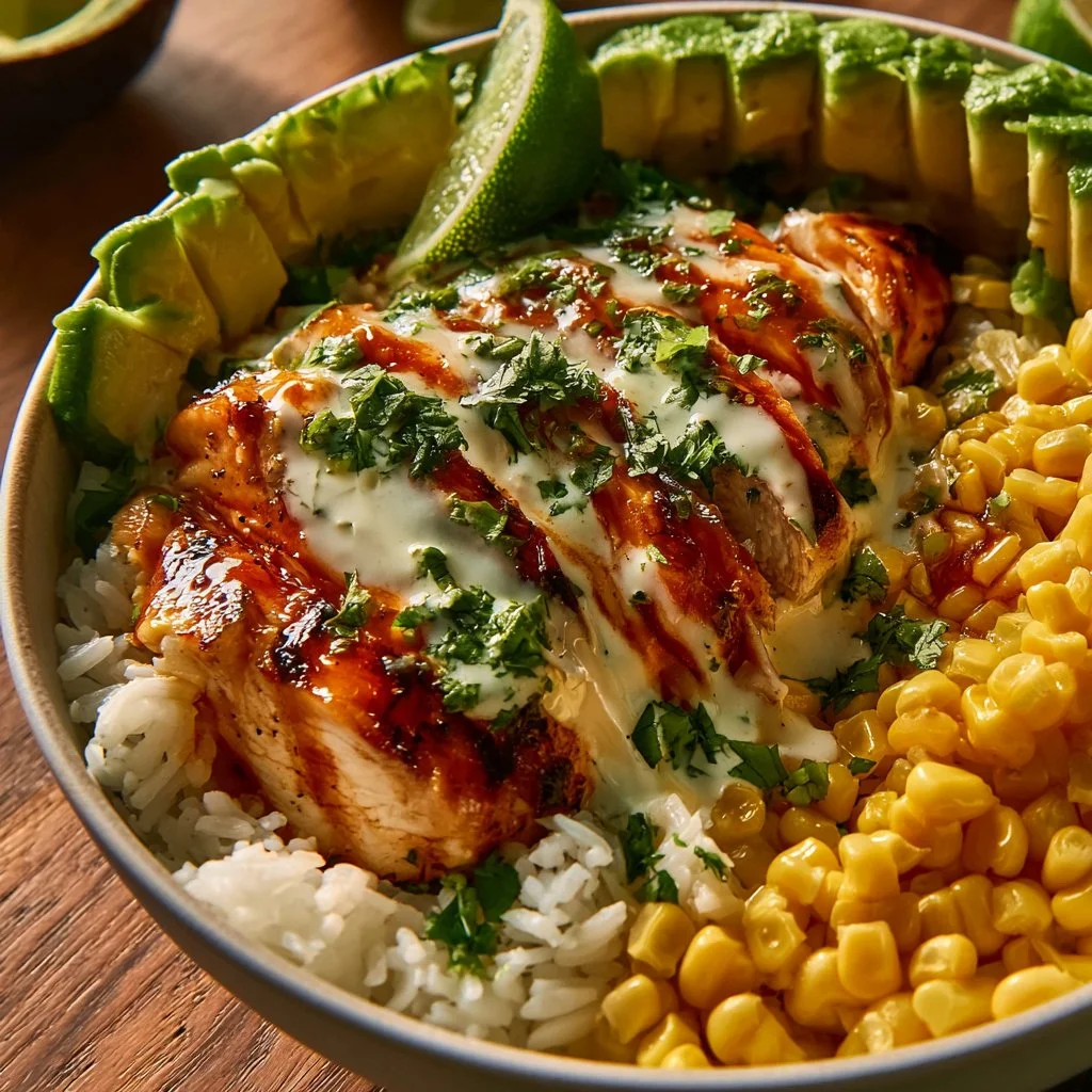 Delicious grilled chicken and corn bowl ready to serve.