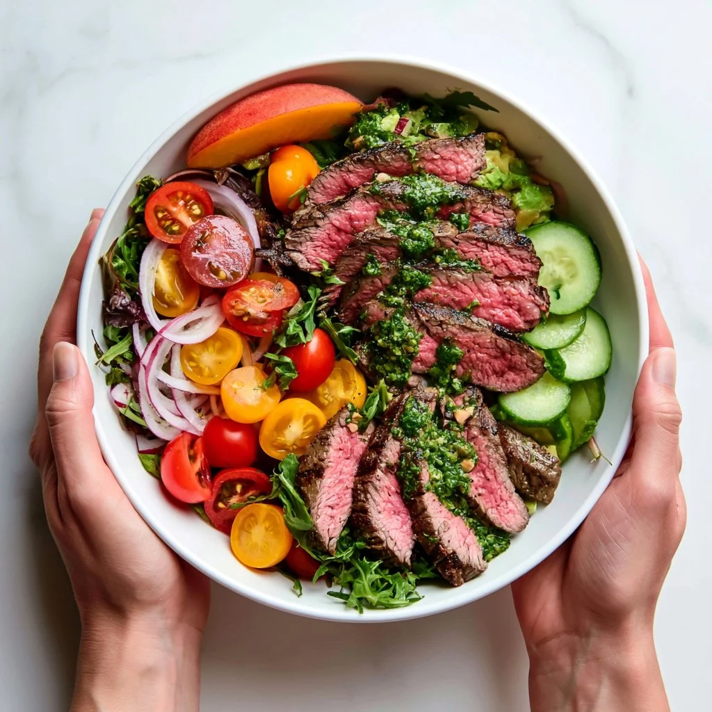 Grilled steak salad with peaches, arugula, and feta cheese on a plate
