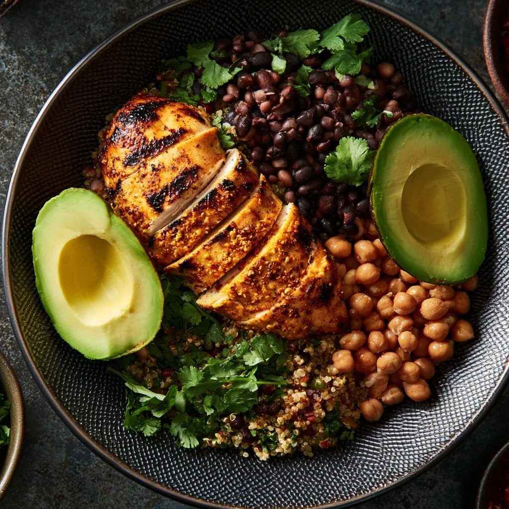 Delicious healthy protein bowl with quinoa, chicken, and fresh vegetables
