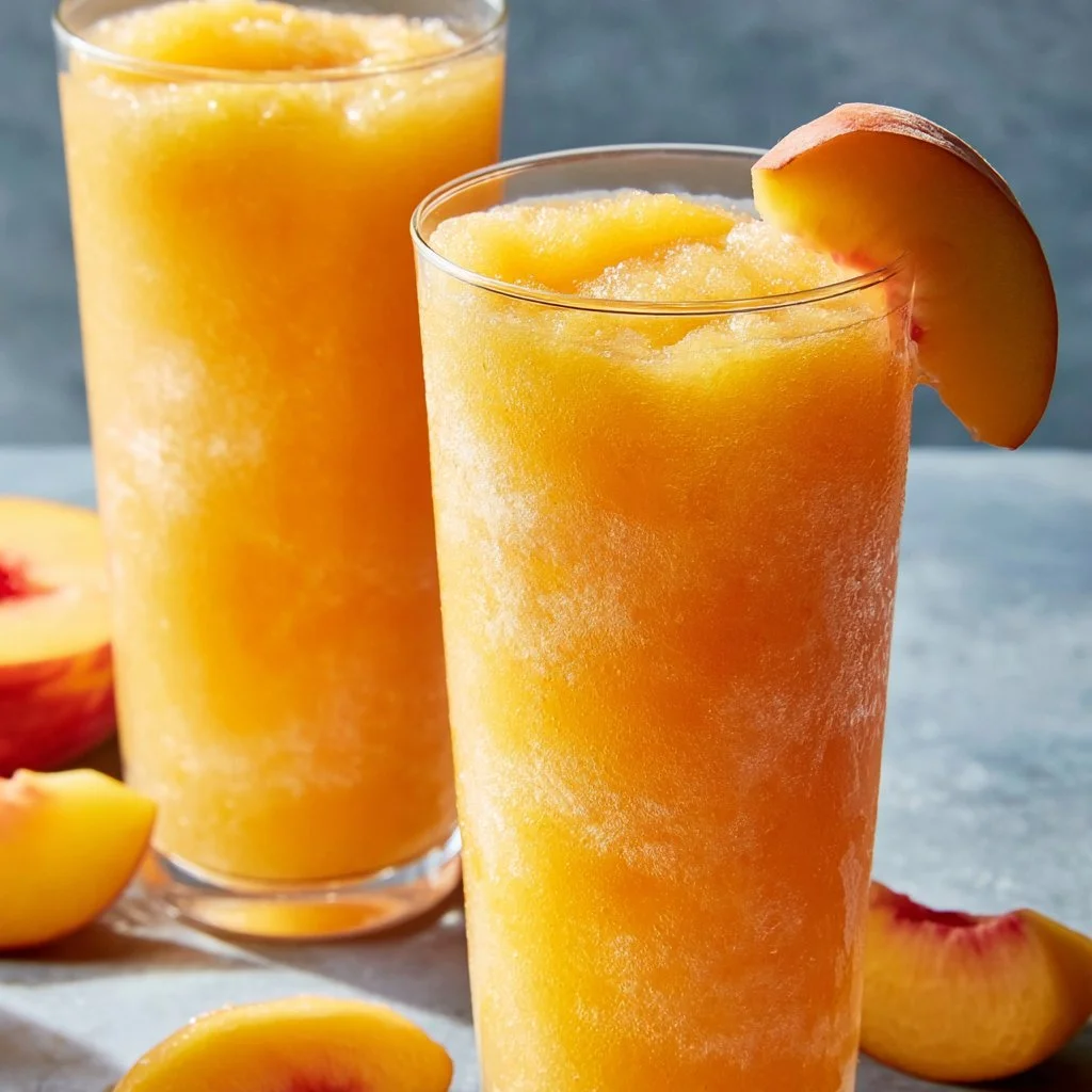 Delicious homemade peach slurpee in a cup with ice and peach garnish