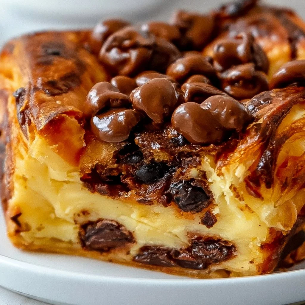 Indulgent chocolate croissant breakfast bake with melted chocolate and flaky pastry.