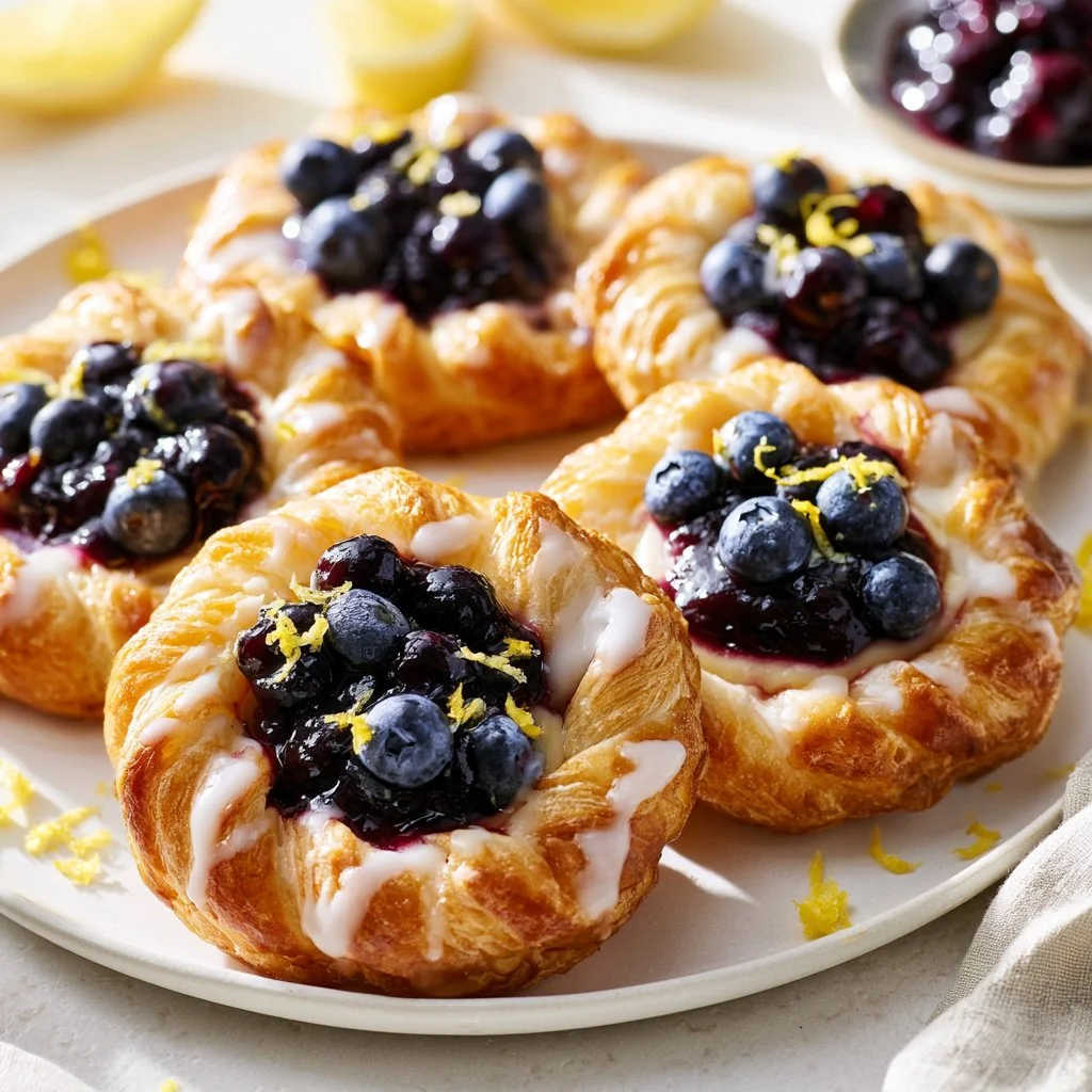 Lemon Blueberry Danish pastries on a plate, showcasing their flaky texture and vibrant colors.