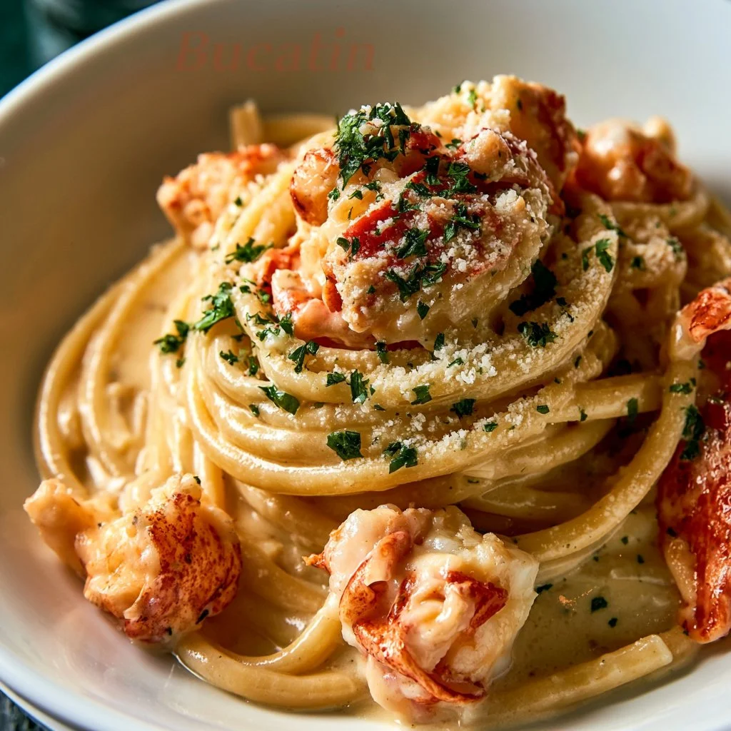 Delicious Lobster Bucatini served with fresh herbs and a rich sauce