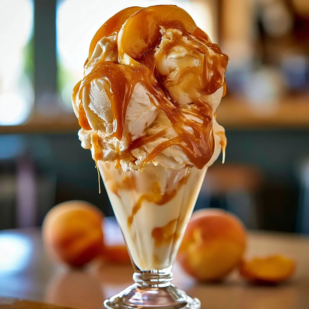 Delicious peach ice cream served in a bowl with fresh peach slices.