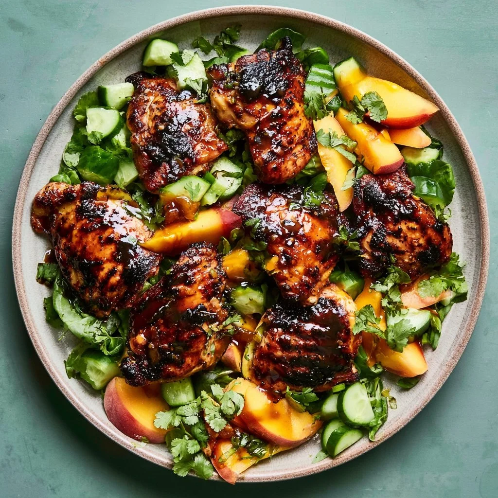 Delicious peach salad with honey mustard grilled chicken served on a plate