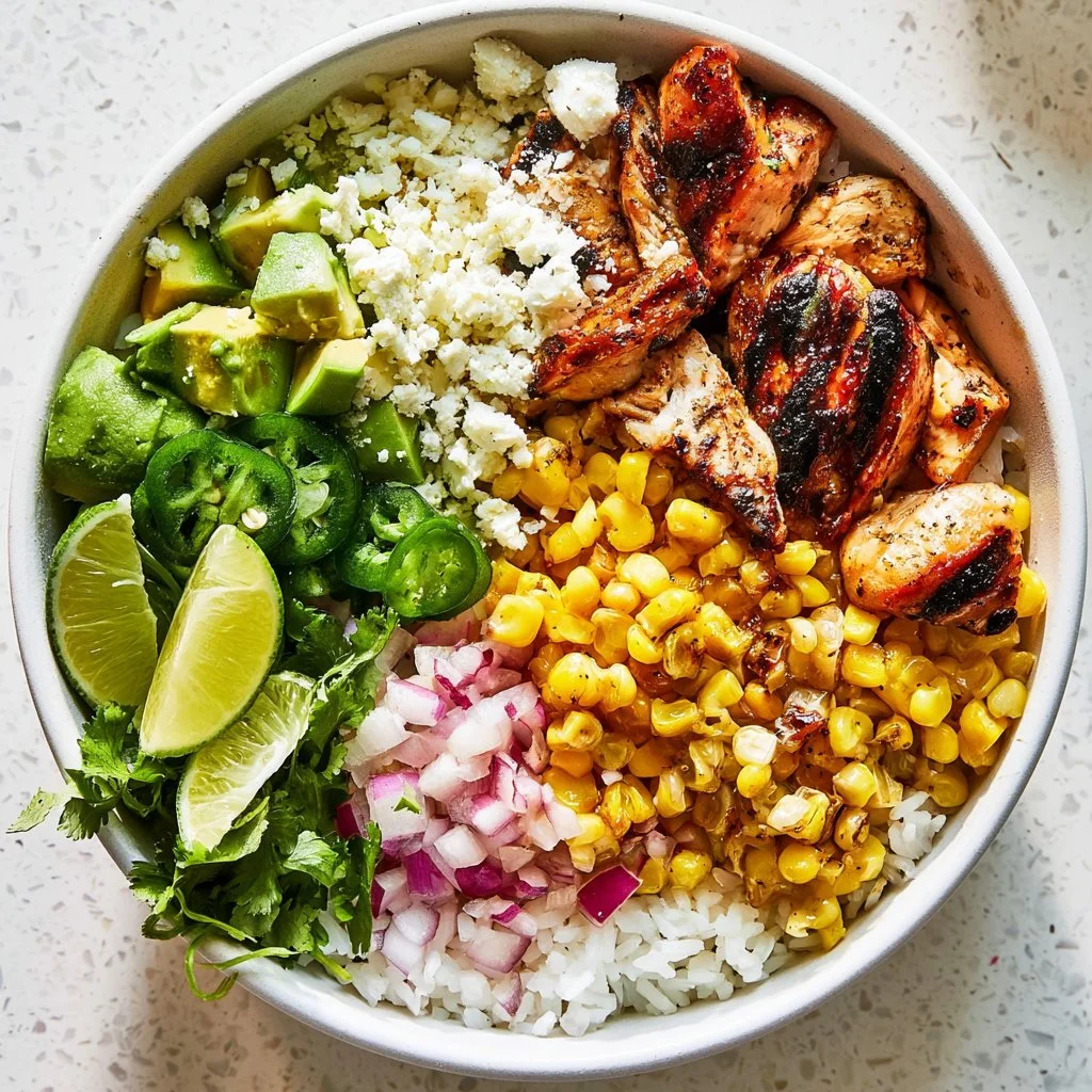 Delicious rice bowls with chicken, colorful vegetables, and fresh herbs