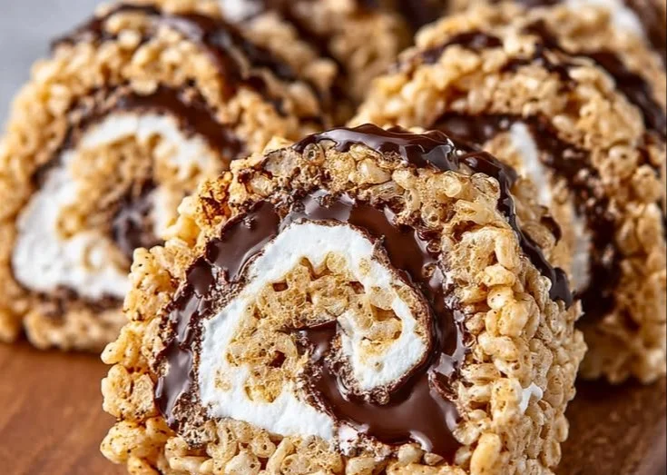 S'mores Rice Krispie Treat Rolls with chocolate and marshmallows