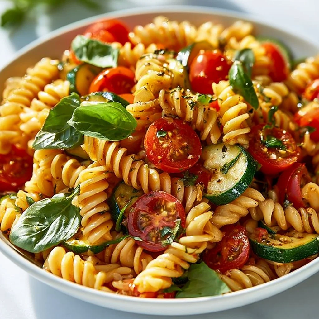 A vibrant bowl of Tomato Zucchini Pasta garnished with fresh herbs.