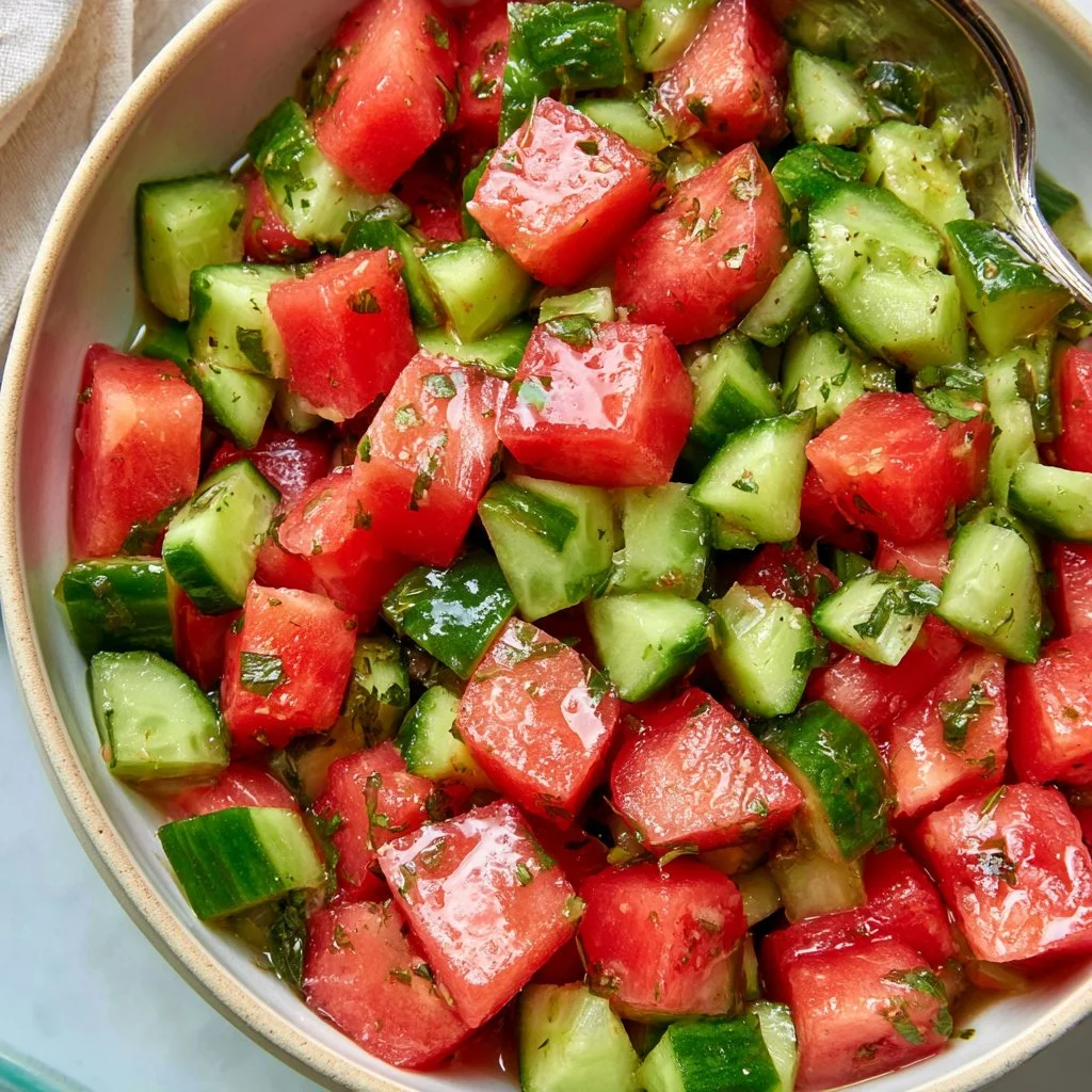 A colorful watermelon cucumber salad garnished with herbs in a bowl.