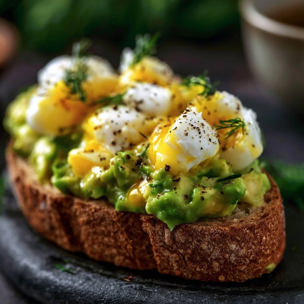 Bowl of avocado egg salad garnished with herbs on a rustic table.