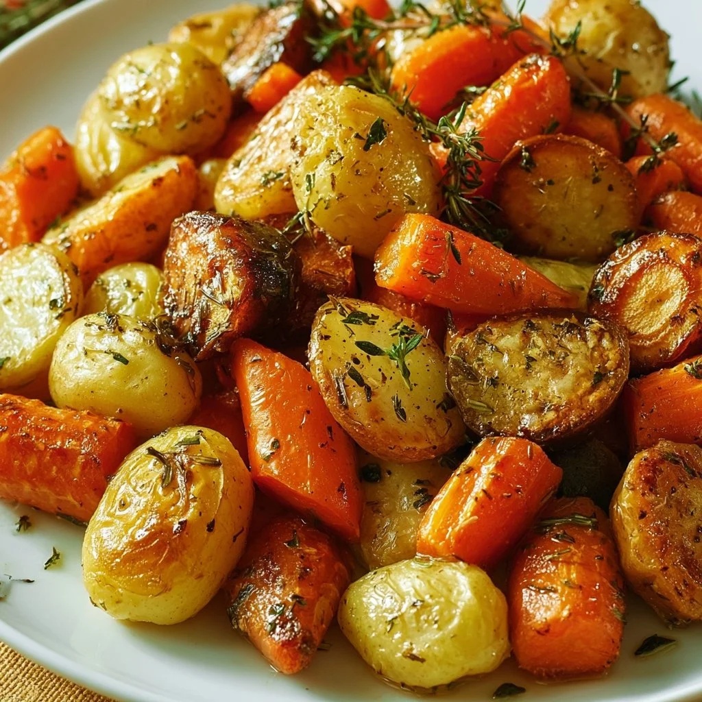 Baked baby potatoes and carrots served as a festive side dish for Christmas dinner
