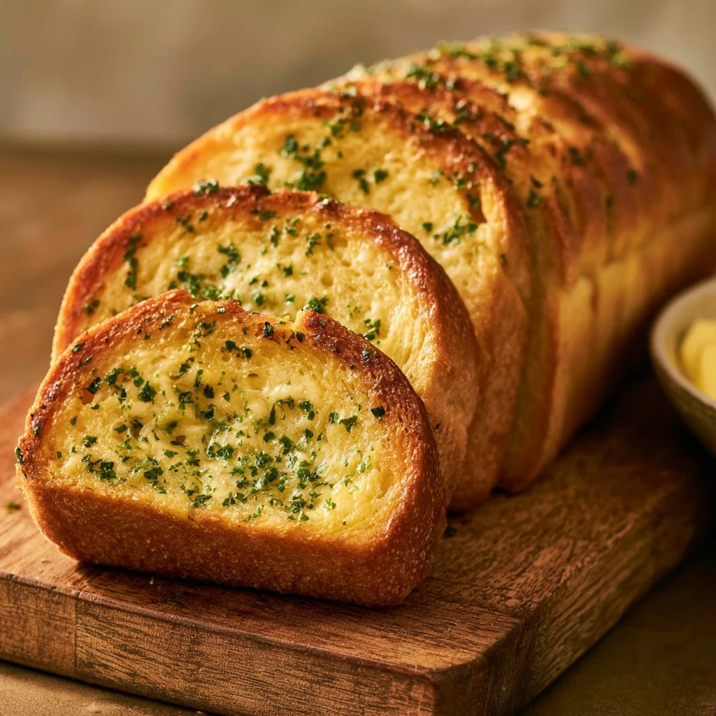 Homemade garlic bread with melted butter, fresh herbs, and crispy edges