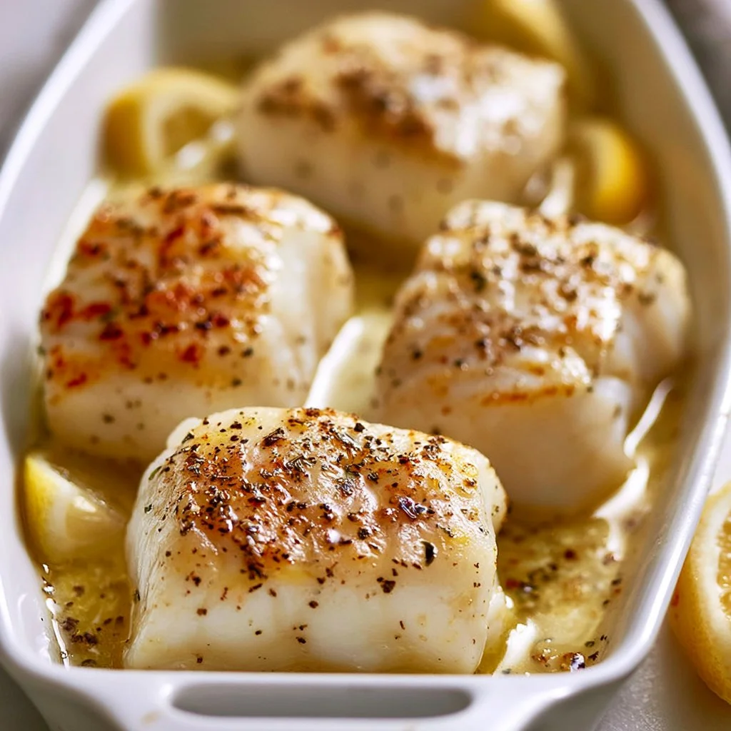 Baked cod fillets topped with coconut lemon cream sauce