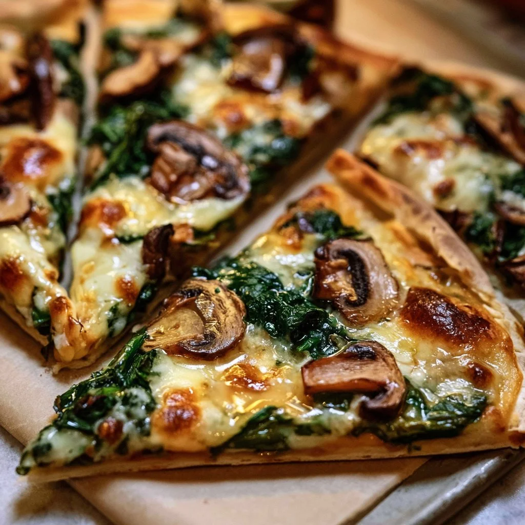 Baked spinach and mushroom quesadilla on a plate with fresh garnish