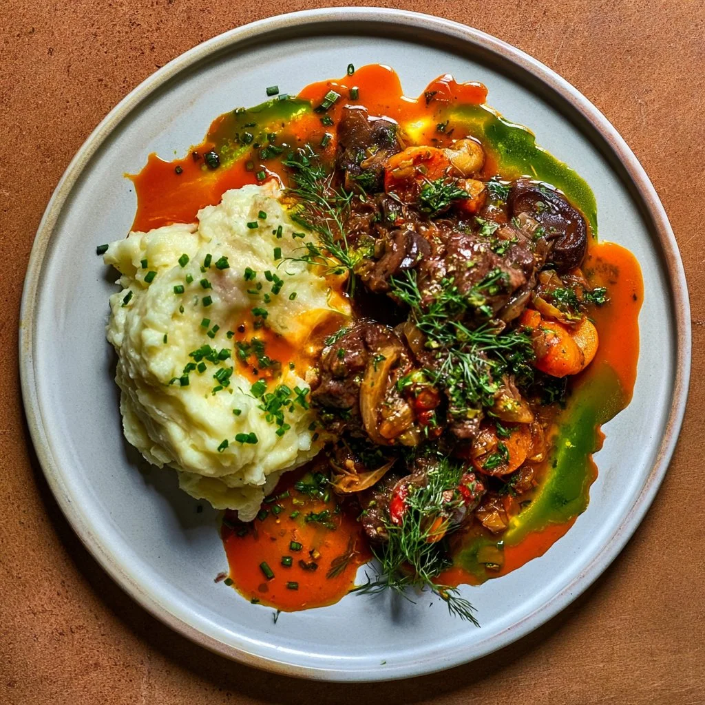 A delicious bowl of Beef Bourguignon with vegetables and herbs.
