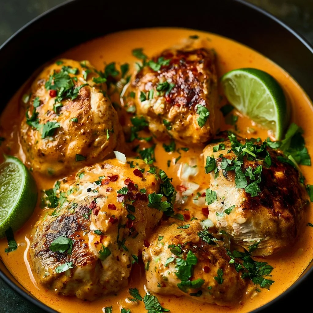 Delicious Chicken with Coconut and Lime served on a plate with fresh lime slices.
