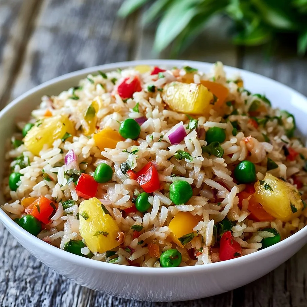 Bowl of colorful Coconut Pineapple Pepper Rice garnished with herbs