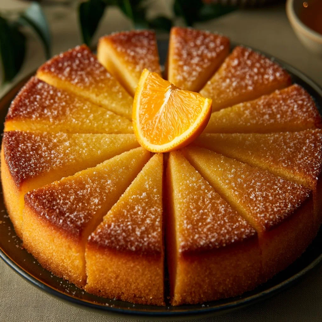 Moist orange cake topped with fresh orange slices and lemon zest