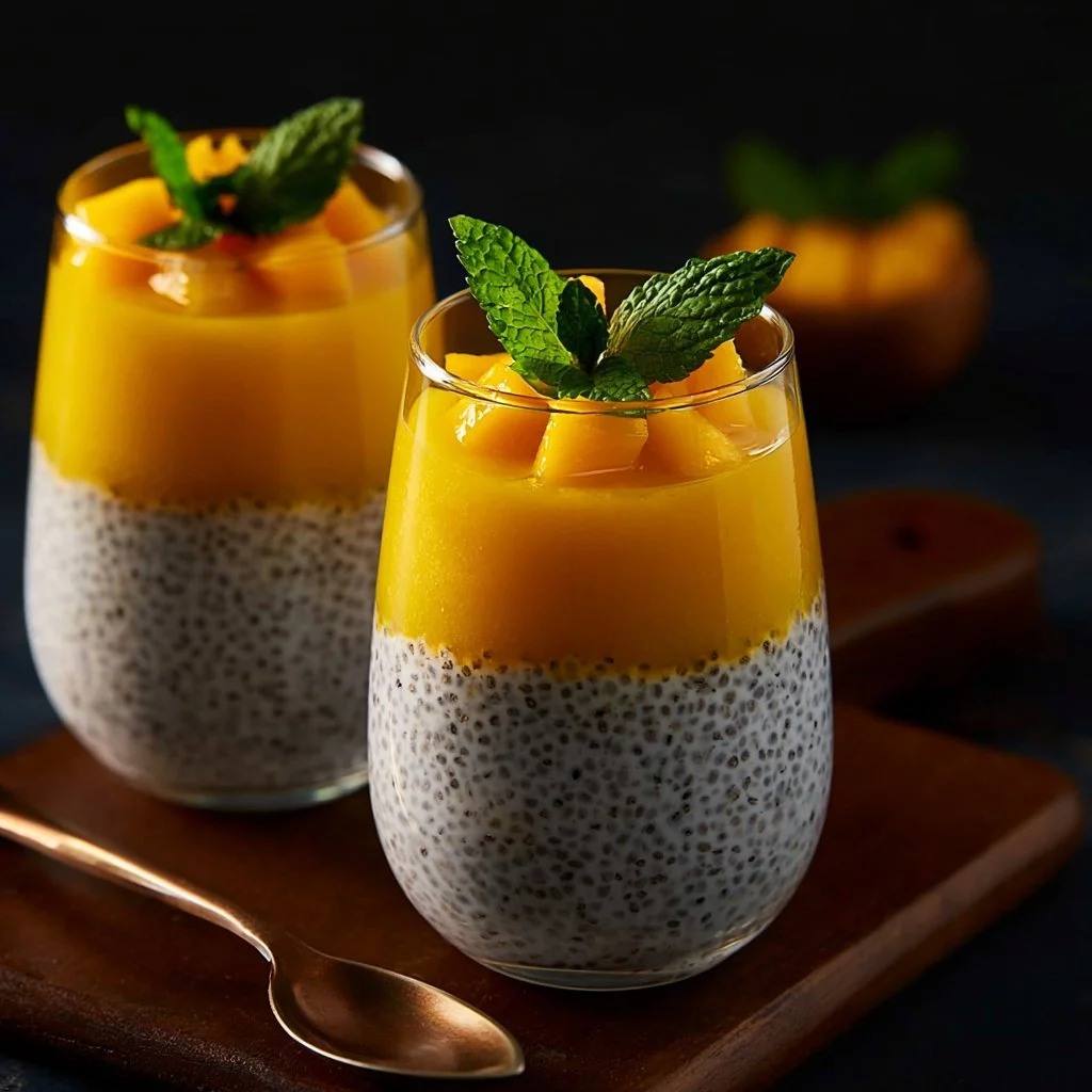 Delicious coconut mango chia pudding topped with fresh mango and coconut flakes.