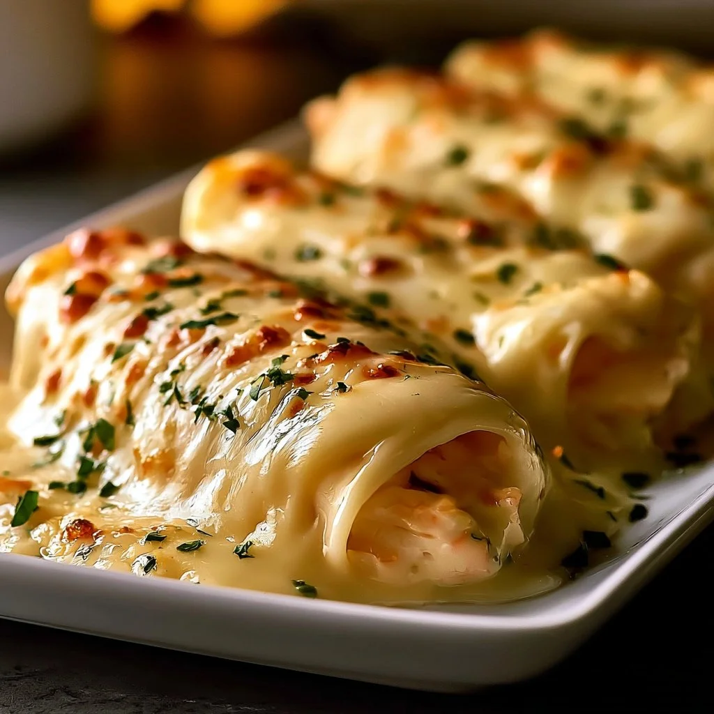 Creamy shrimp and crab alfredo lasagna roll-ups served in a dish