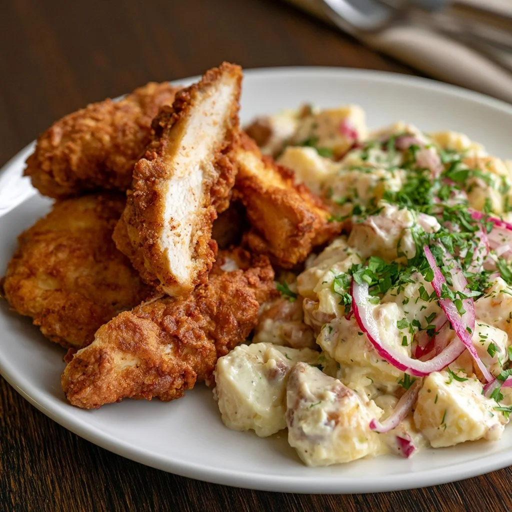 Crispy buttermilk fried chicken breast served on a plate