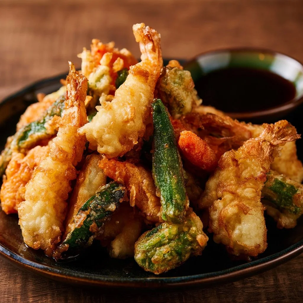 Crispy tempura shrimp and vegetables served on a plate