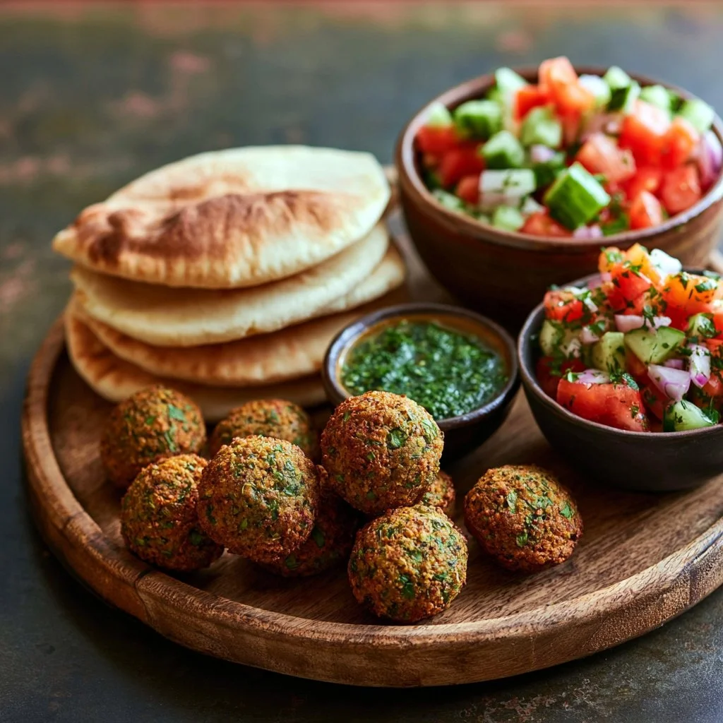 Crispy vegan falafel platter with fresh veggies and dipping sauce