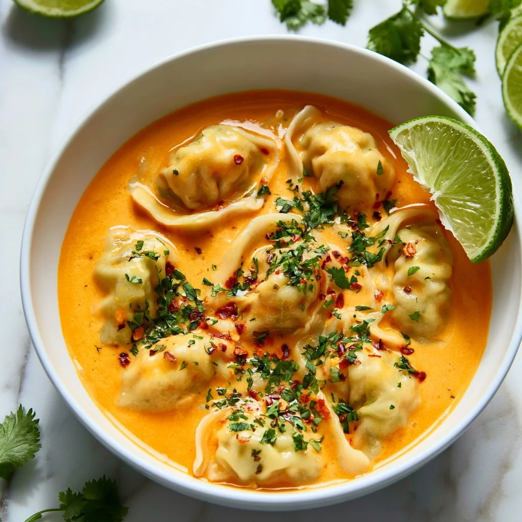 Bowl of delicious Curry Dumpling Soup with herbs and spices