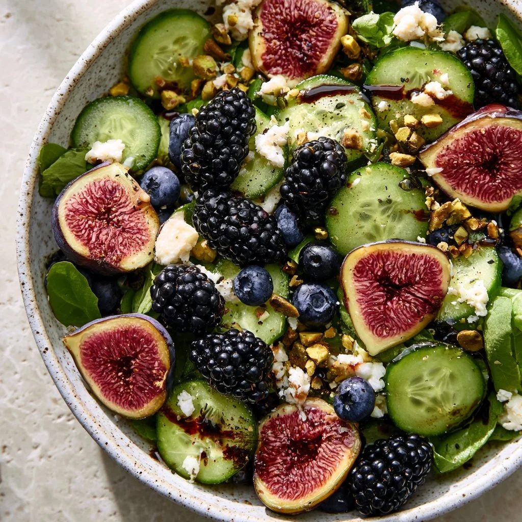 Delicious Fig and Berry Salad with fresh fruits and leafy greens
