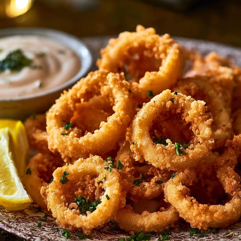Delicious fried squid rings served with dipping sauce