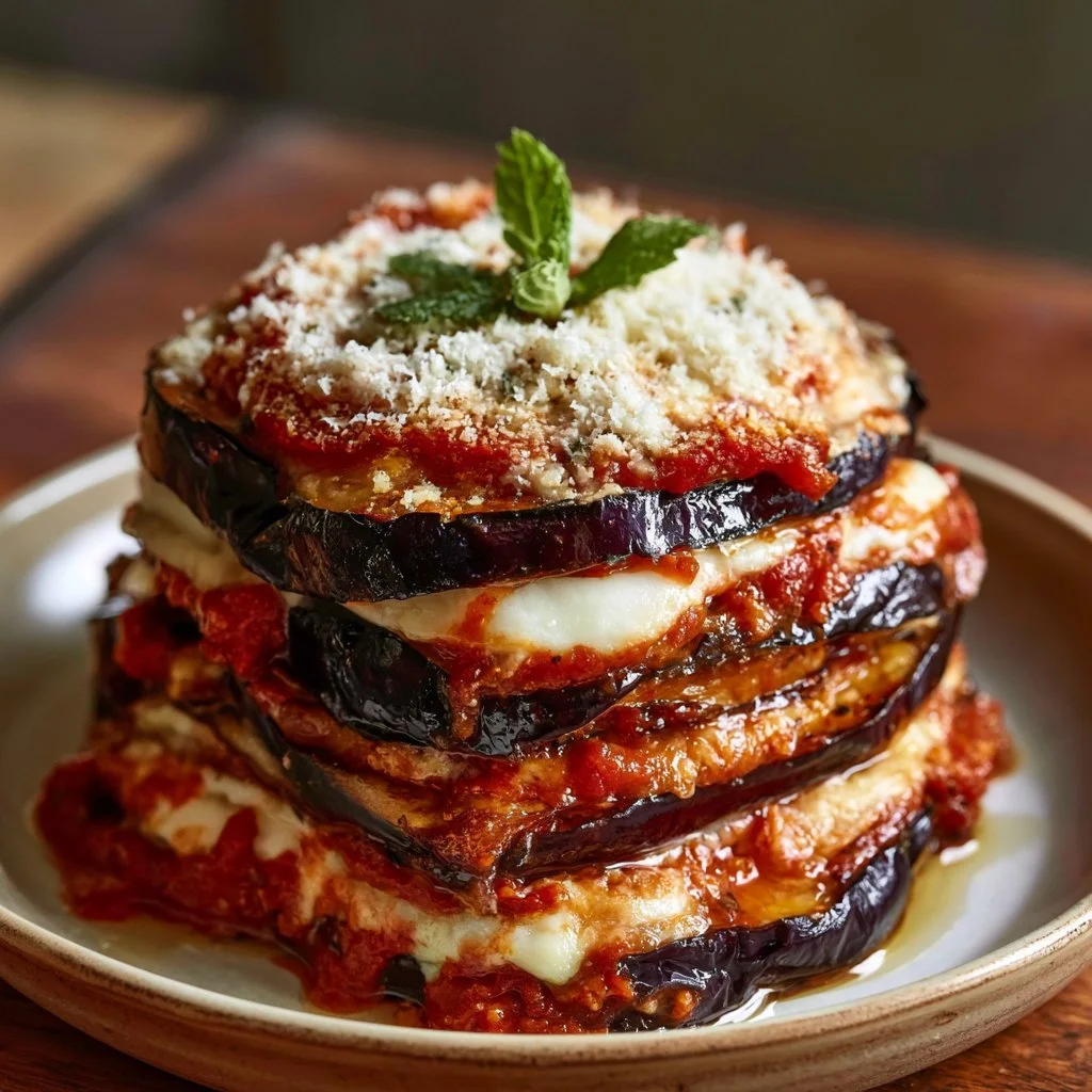 A plate of gourmet eggplant parmesan garnished with fresh basil and cheese