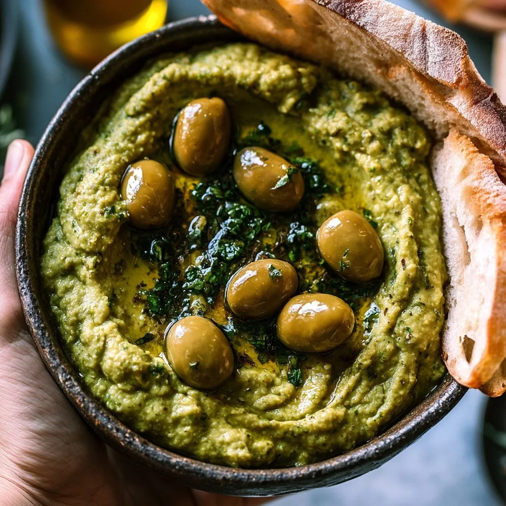 Homemade Green Olive Dip served with crackers and vegetables